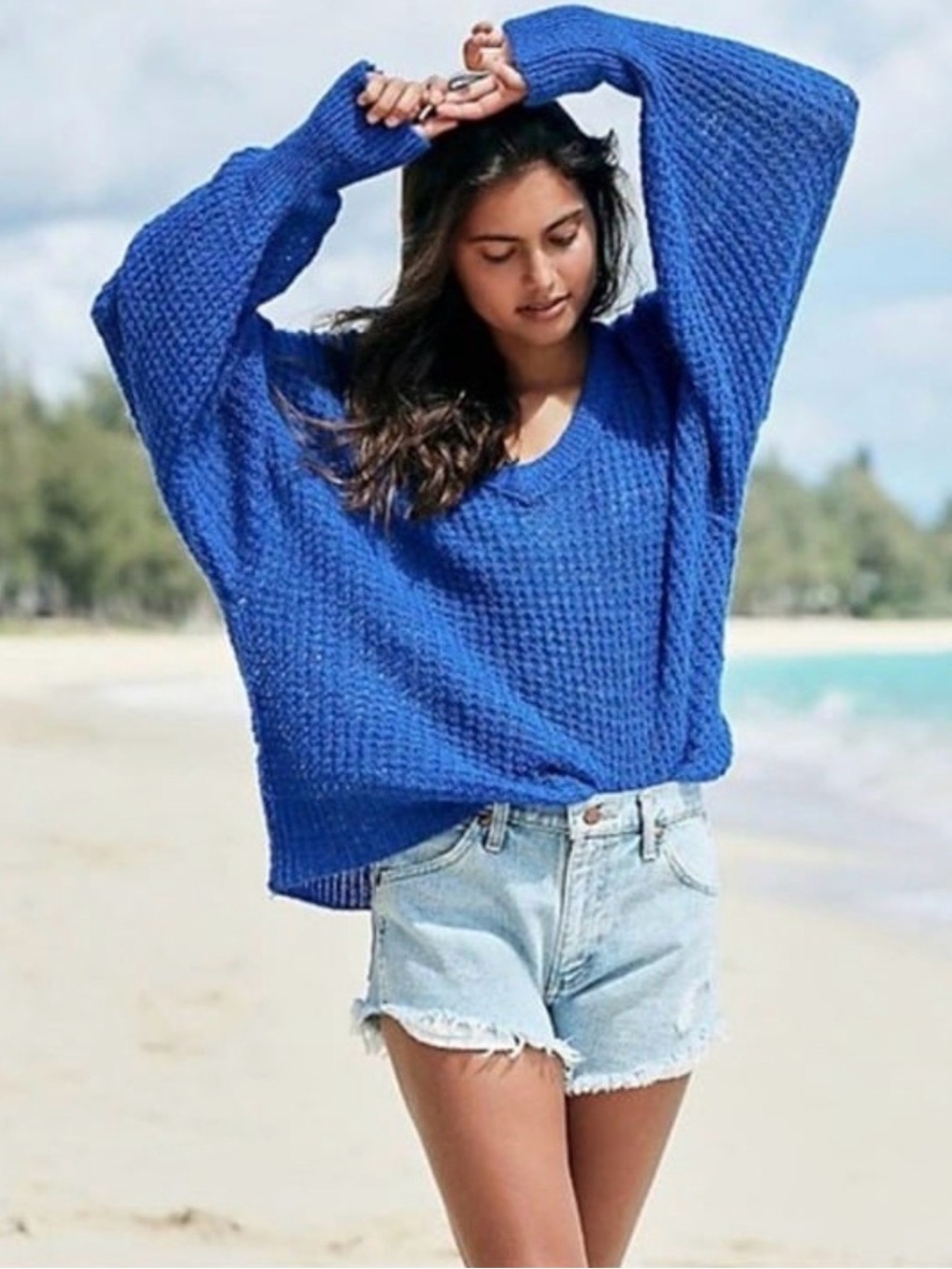 Free People Oversized V-Neck Sweater, Cobalt Blue